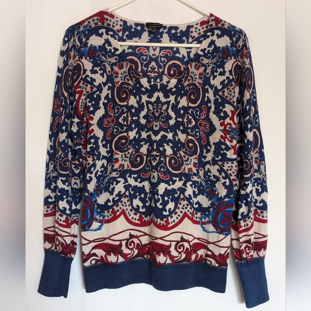 Talbots Large 100% Wool Blue Red Sweater Bled Color Thermals